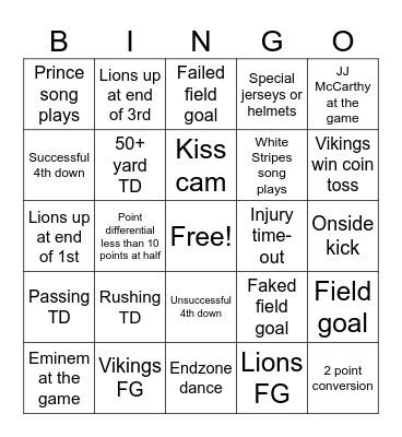 Lions/Vikings Game Bingo Card