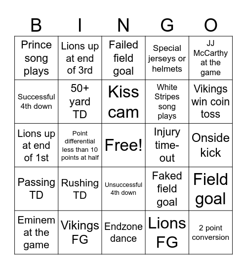 Lions/Vikings Game Bingo Card