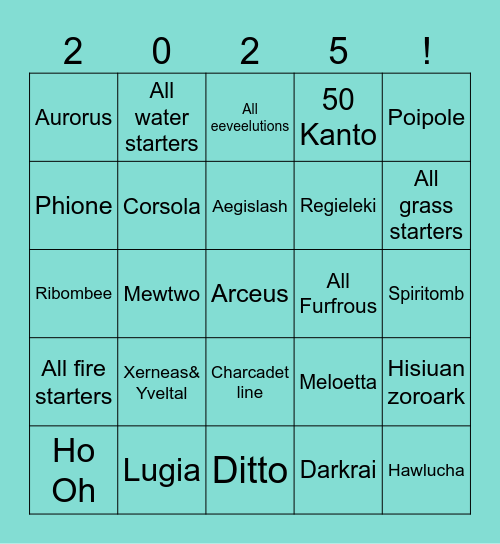 Shiny Pokemon 25’ Bingo Card