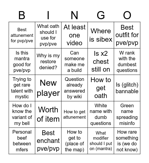 #question Bingo Card