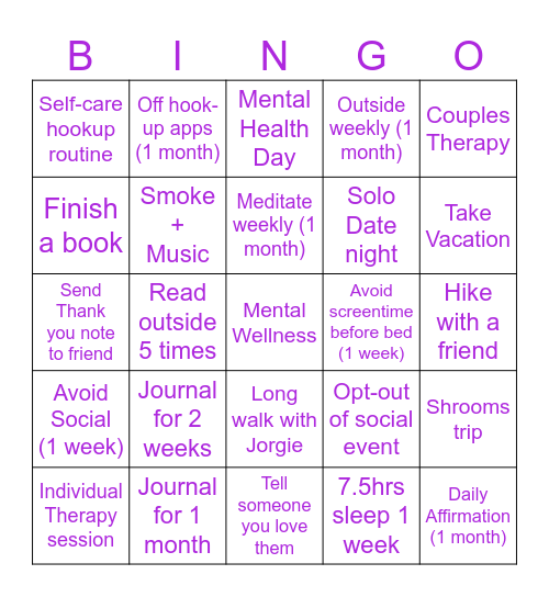 Mental Wellness Bingo Card