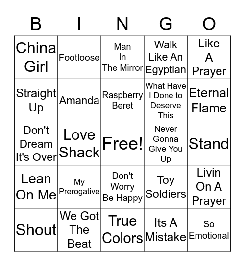 80's MUSIC Bingo Card