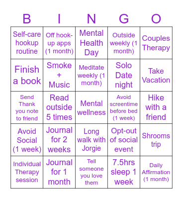 Mental Wellness Bingo Card