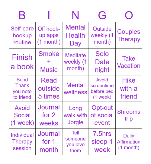 Mental Wellness Bingo Card