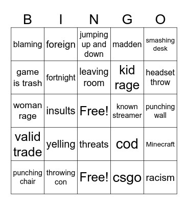 gamer rage Bingo Card