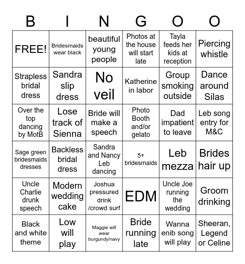 A&J Bingo Card