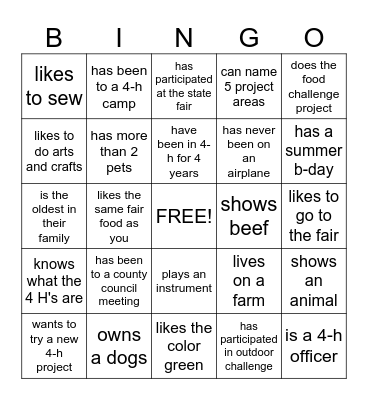 4-H/ Get to know you Bingo Card