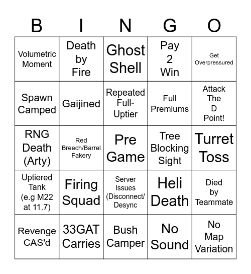 War Thunder Shot Bingo Card