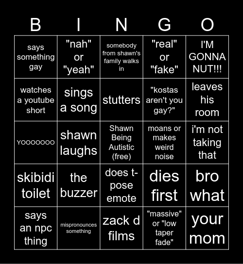 Shawn Bingo Card