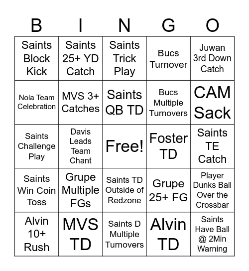 Saints v Raiders 24 Bingo Card