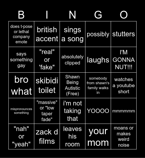 Shawn Bingo Card