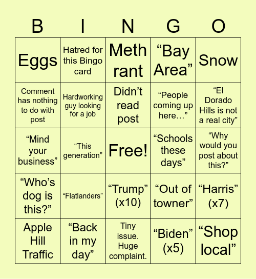 El Dorado County Chat Bingo Card