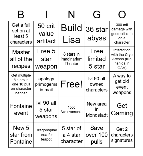 Genshin 2025 Bingo Card
