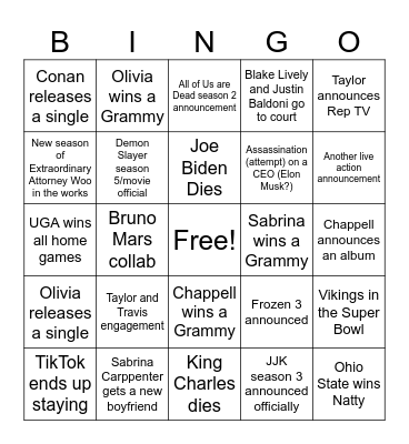 Pop Culture 2025 Bingo Card