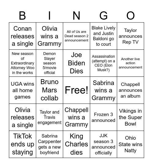 Pop Culture 2025 Bingo Card