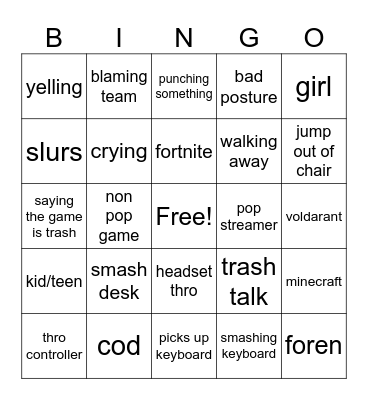 gamer rage Bingo Card