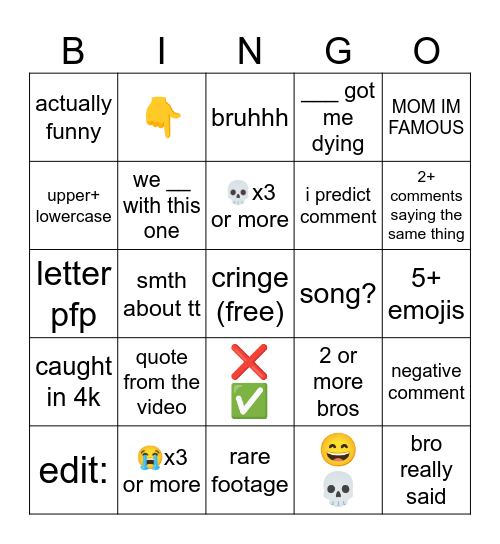 yt shorts comments (brainrot) Bingo Card