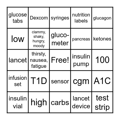 Type 1 Diabetes Bingo Card