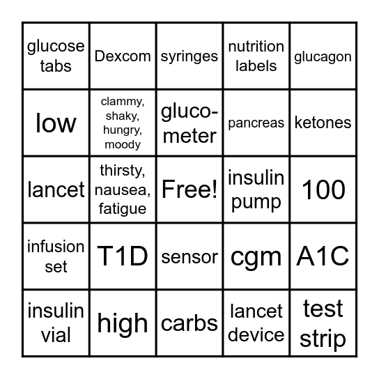 Type 1 Diabetes Bingo Card