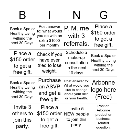 Arbonne Bingo Card