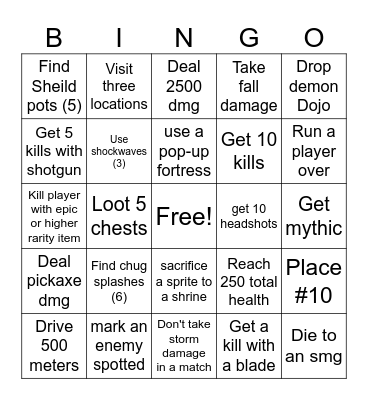 Fortnite bingo Card