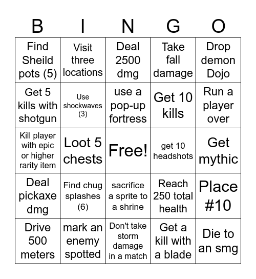 Fortnite bingo Card