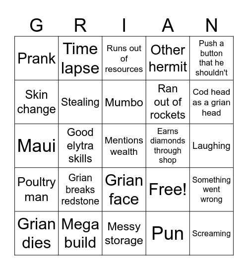 Grian Bingo Card