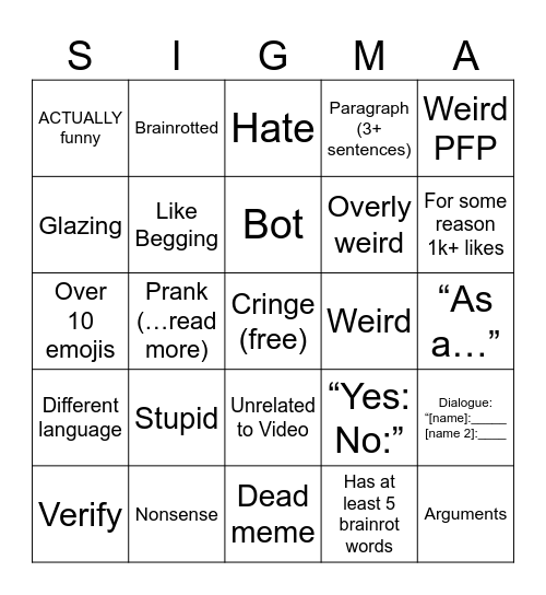 YT Shorts Bingo Card