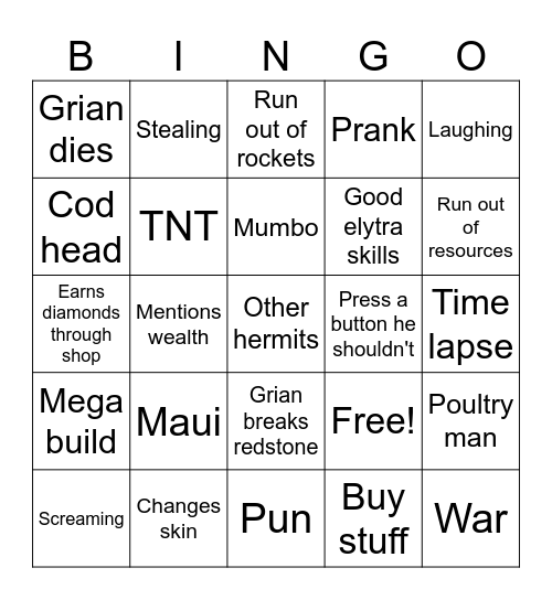 Grian bingo Card