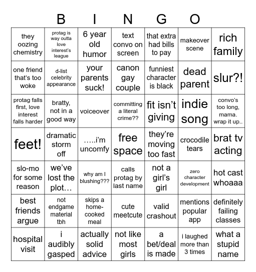 Teen Movie Bingo Card