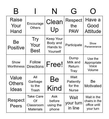 PAW in the Classroom, Office, and Cafeteria Bingo Card