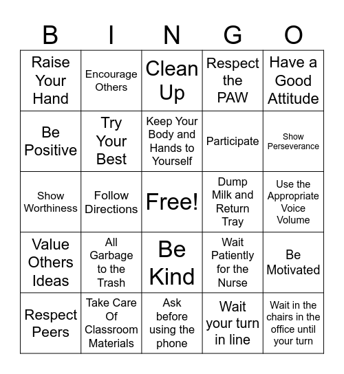 PAW in the Classroom, Office, and Cafeteria Bingo Card