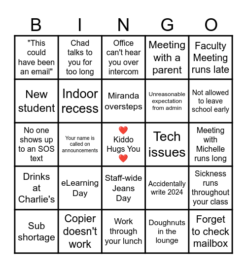 Back from Break Teacher Bingo (DeVaney) Bingo Card