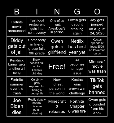 2025 Bingo Card Bingo Card