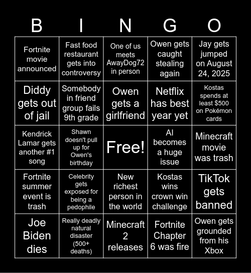 2025 Bingo Card Bingo Card