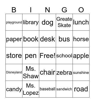 Nouns ( Person/Place/Thing) Bingo Card