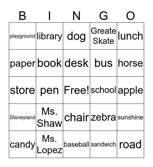 Nouns ( Person/Place/Thing) Bingo Card