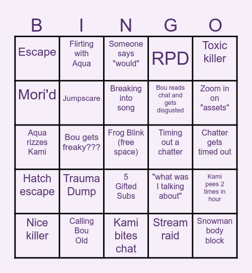 Kami Drunk Bingo Card