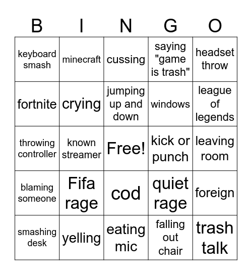 gamer rage Bingo Card