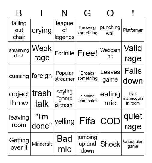 gamer rage Bingo Card