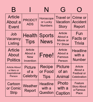 NEWSPAPER BINGO!! Bingo Card