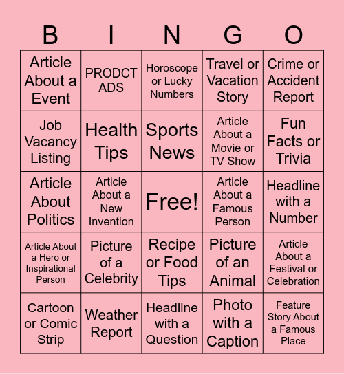 NEWSPAPER BINGO!! Bingo Card