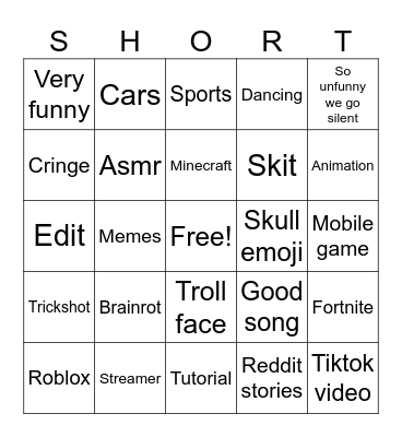 Yt shorts Bingo Card