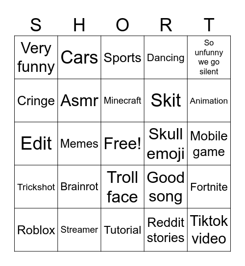 Yt shorts Bingo Card