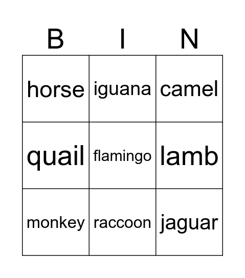 animals Bingo Card