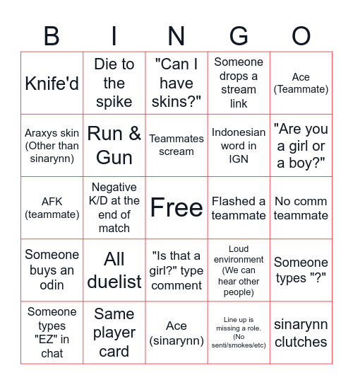 sinarynn's Valorant Bingo Card