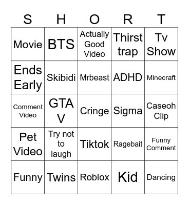 Yt Shorts bingo Card