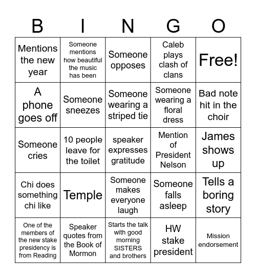 Testimony Meeting Bingo - NC Bingo Card