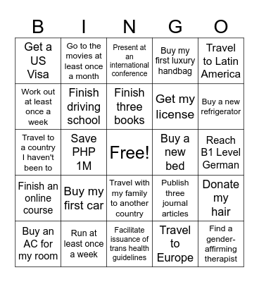 2025 Goals Bingo Card
