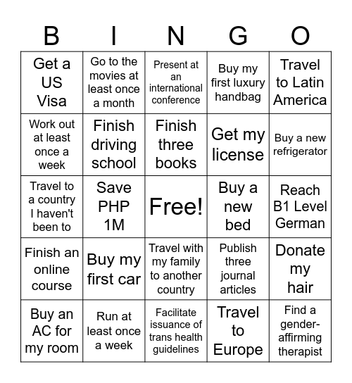 2025 Goals Bingo Card